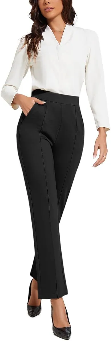 Women's Classic Stretchy Pull On High Rise Pants Straight Leg Slacks