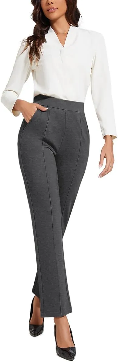 Women's Classic Stretchy Pull On High Rise Pants Straight Leg Slacks