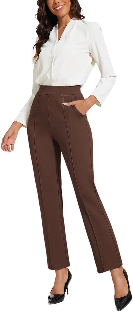 Women's Classic Stretchy Pull On High Rise Pants Straight Leg Slacks