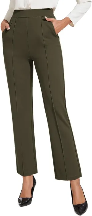 Women's Classic Stretchy Pull On High Rise Pants Straight Leg Slacks