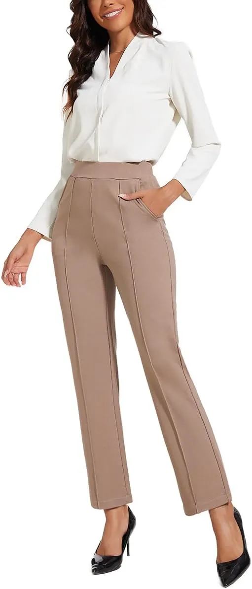 Women's Classic Stretchy Pull On High Rise Pants Straight Leg Slacks
