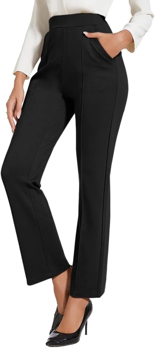 Women's Classic Stretchy Pull On High Rise Pants Straight Leg Slacks