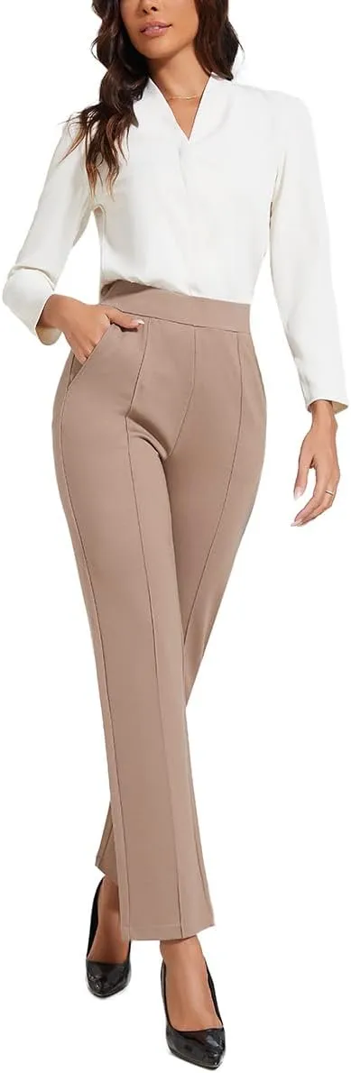 Women's Classic Stretchy Pull On High Rise Pants Straight Leg Slacks