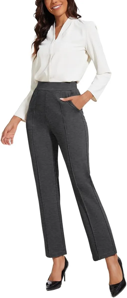 Women's Classic Stretchy Pull On High Rise Pants Straight Leg Slacks