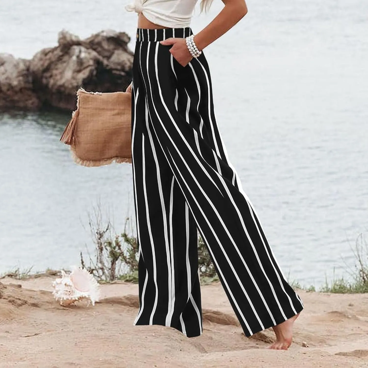 Women's Dress Pants Cotton Linen Wide Leg Pants with Pockets Button Down Office Pleated Business Casual Work Trousers