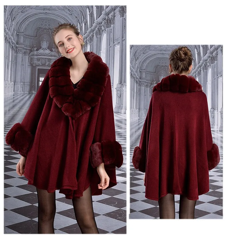 Women's Faux Fur Collar Cashmere Party Overcoat Fake Rabbit Fur Big Striped Collar Knitted Cardigan Cape