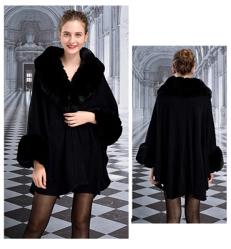 Women's Faux Fur Collar Cashmere Party Overcoat Fake Rabbit Fur Big Striped Collar Knitted Cardigan Cape