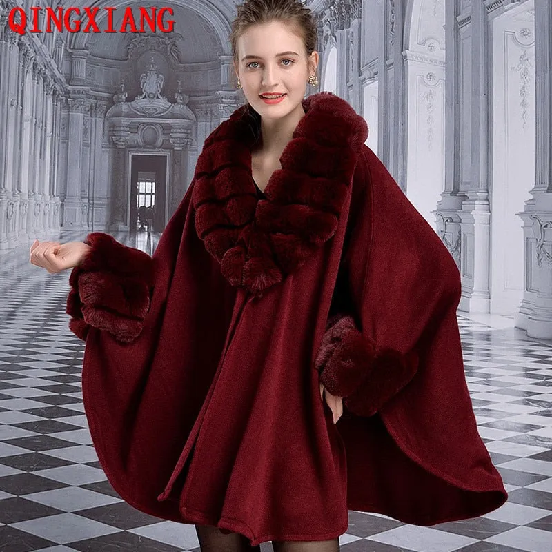Women's Faux Fur Collar Cashmere Party Overcoat Fake Rabbit Fur Big Striped Collar Knitted Cardigan Cape