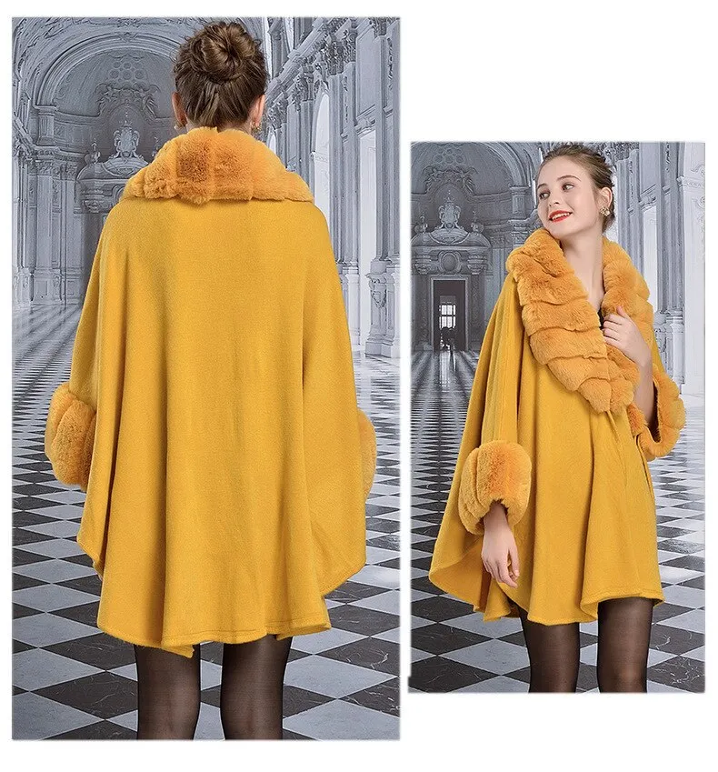 Women's Faux Fur Collar Cashmere Party Overcoat Fake Rabbit Fur Big Striped Collar Knitted Cardigan Cape
