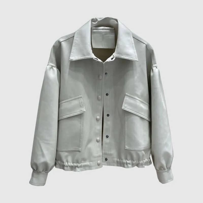 Women's Faux Leather Biker Jacket with Drawstring