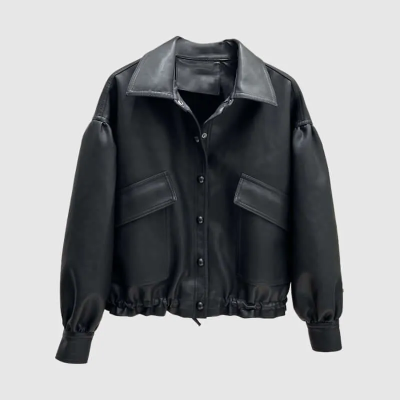 Women's Faux Leather Biker Jacket with Drawstring