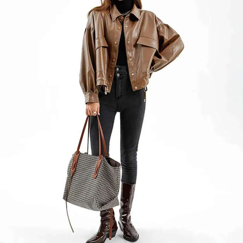 Women's Faux Leather Biker Jacket with Drawstring