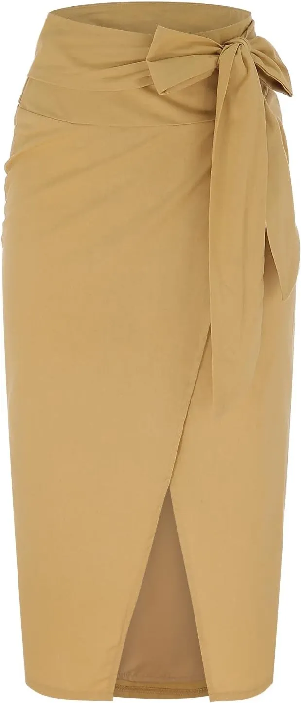 Womens High Waisted Tie Wrap Midi Skirts Chic Side Slit Plain Casual Summer Jeans Skirts for Women Midi Length