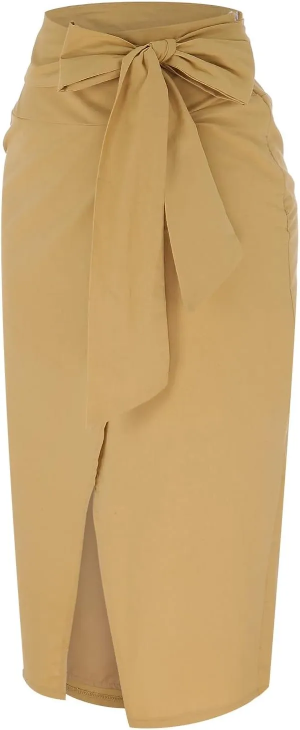 Womens High Waisted Tie Wrap Midi Skirts Chic Side Slit Plain Casual Summer Jeans Skirts for Women Midi Length