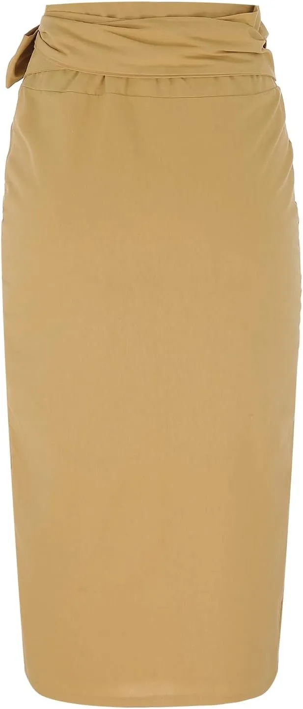 Womens High Waisted Tie Wrap Midi Skirts Chic Side Slit Plain Casual Summer Jeans Skirts for Women Midi Length