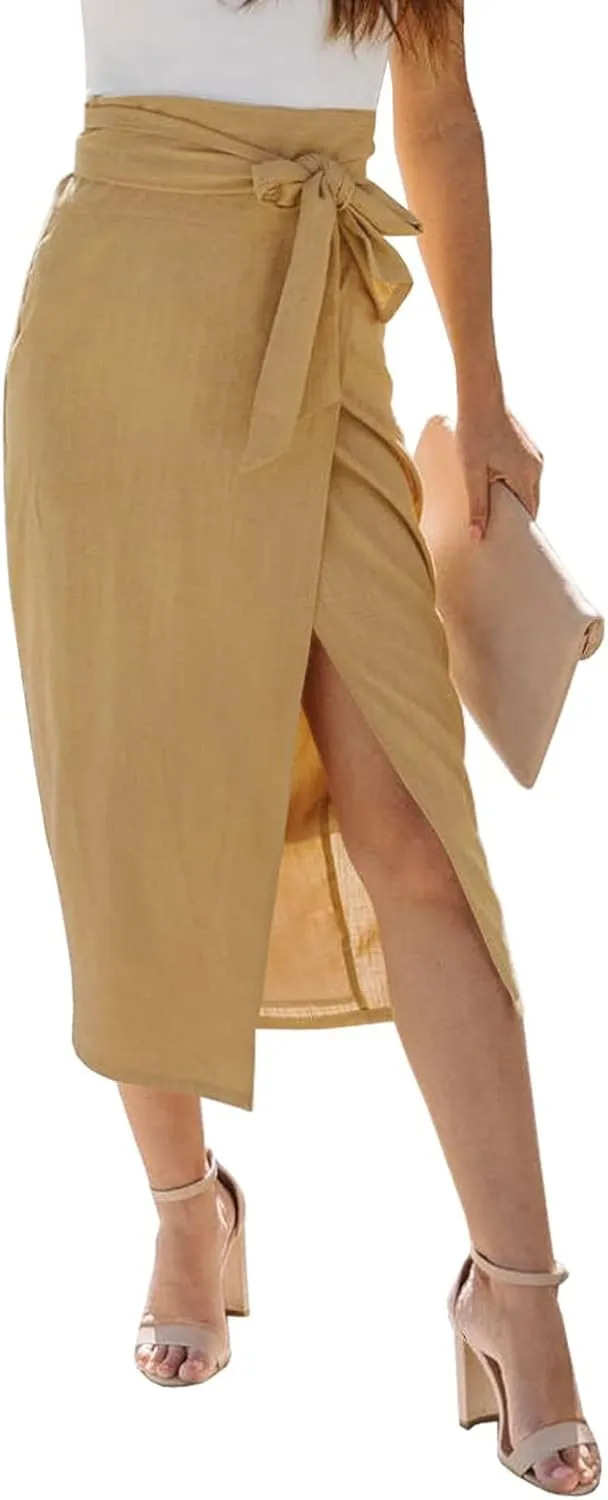 Womens High Waisted Tie Wrap Midi Skirts Chic Side Slit Plain Casual Summer Jeans Skirts for Women Midi Length