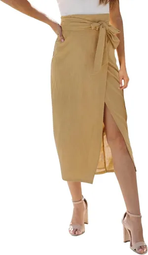 Womens High Waisted Tie Wrap Midi Skirts Chic Side Slit Plain Casual Summer Jeans Skirts for Women Midi Length