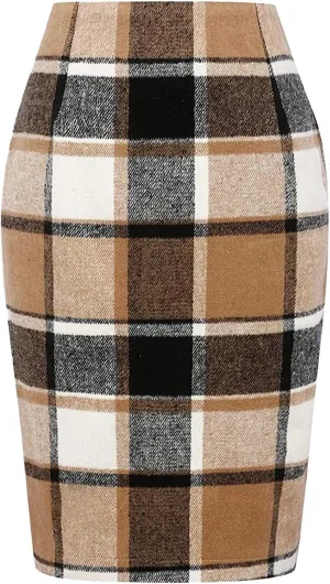 Womens Knee Length Plaid Skirts Elastic Waist Stretchy Bodycon Business Tweed Pencil Skirt