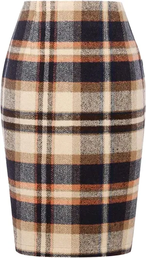 Womens Knee Length Plaid Skirts Elastic Waist Stretchy Bodycon Business Tweed Pencil Skirt