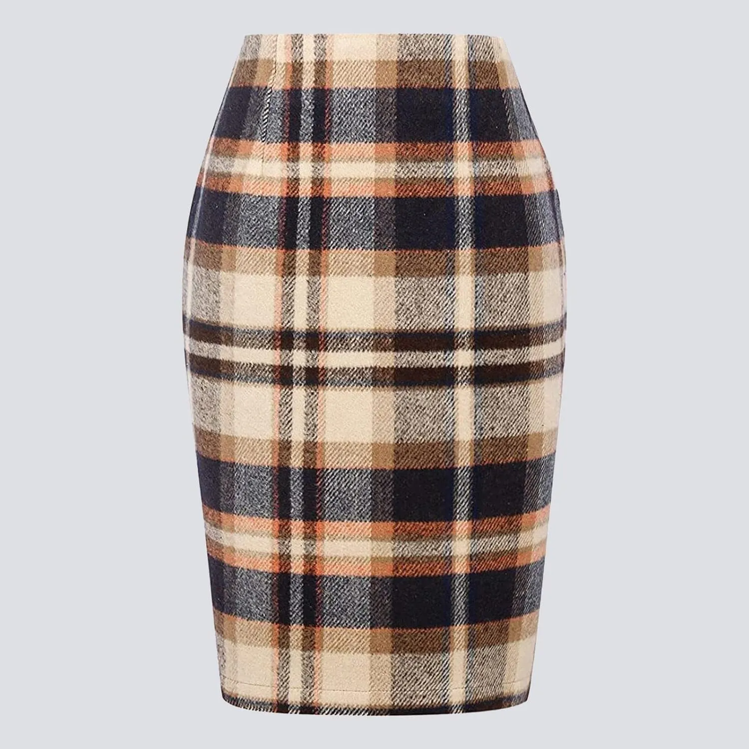 Womens Knee Length Plaid Skirts Elastic Waist Stretchy Bodycon Business Tweed Pencil Skirt