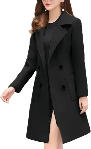 Women's Long Pea Coats Double Breasted Overcoat Fall Trench Coat Warm Elegant Thick Lapel Pocket Fashion Winter Coat