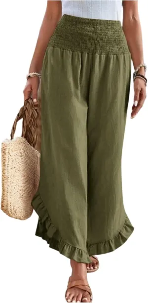 Women's Loose Linen Pants Casual Straight Leg Drawstring Elastic Waist Loose Comfy Trousers with Pockets