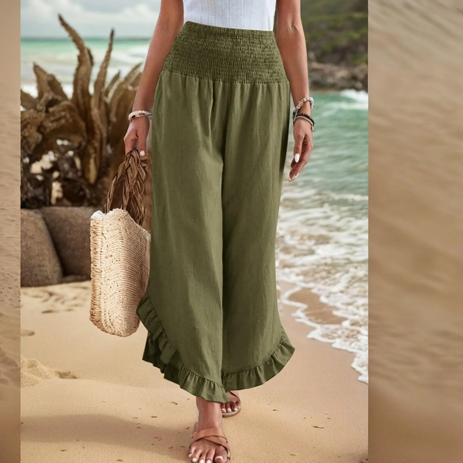 Women's Loose Linen Pants Casual Straight Leg Drawstring Elastic Waist Loose Comfy Trousers with Pockets
