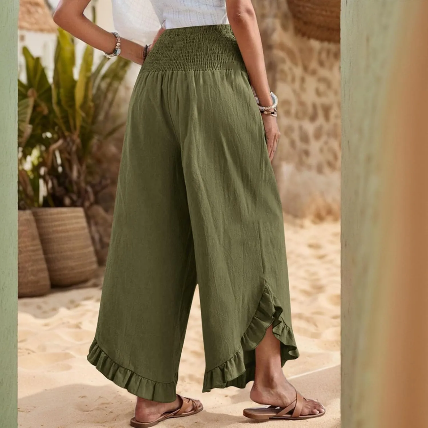Women's Loose Linen Pants Casual Straight Leg Drawstring Elastic Waist Loose Comfy Trousers with Pockets