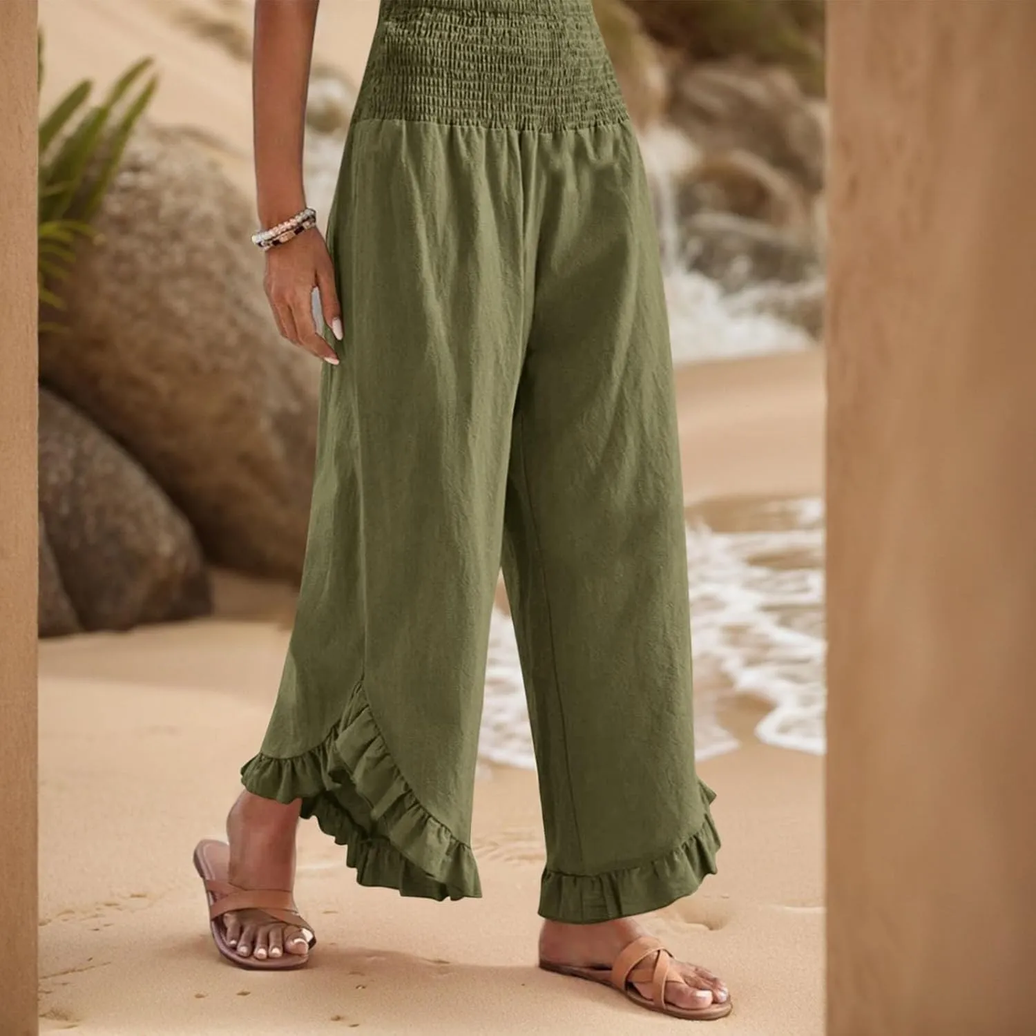 Women's Loose Linen Pants Casual Straight Leg Drawstring Elastic Waist Loose Comfy Trousers with Pockets