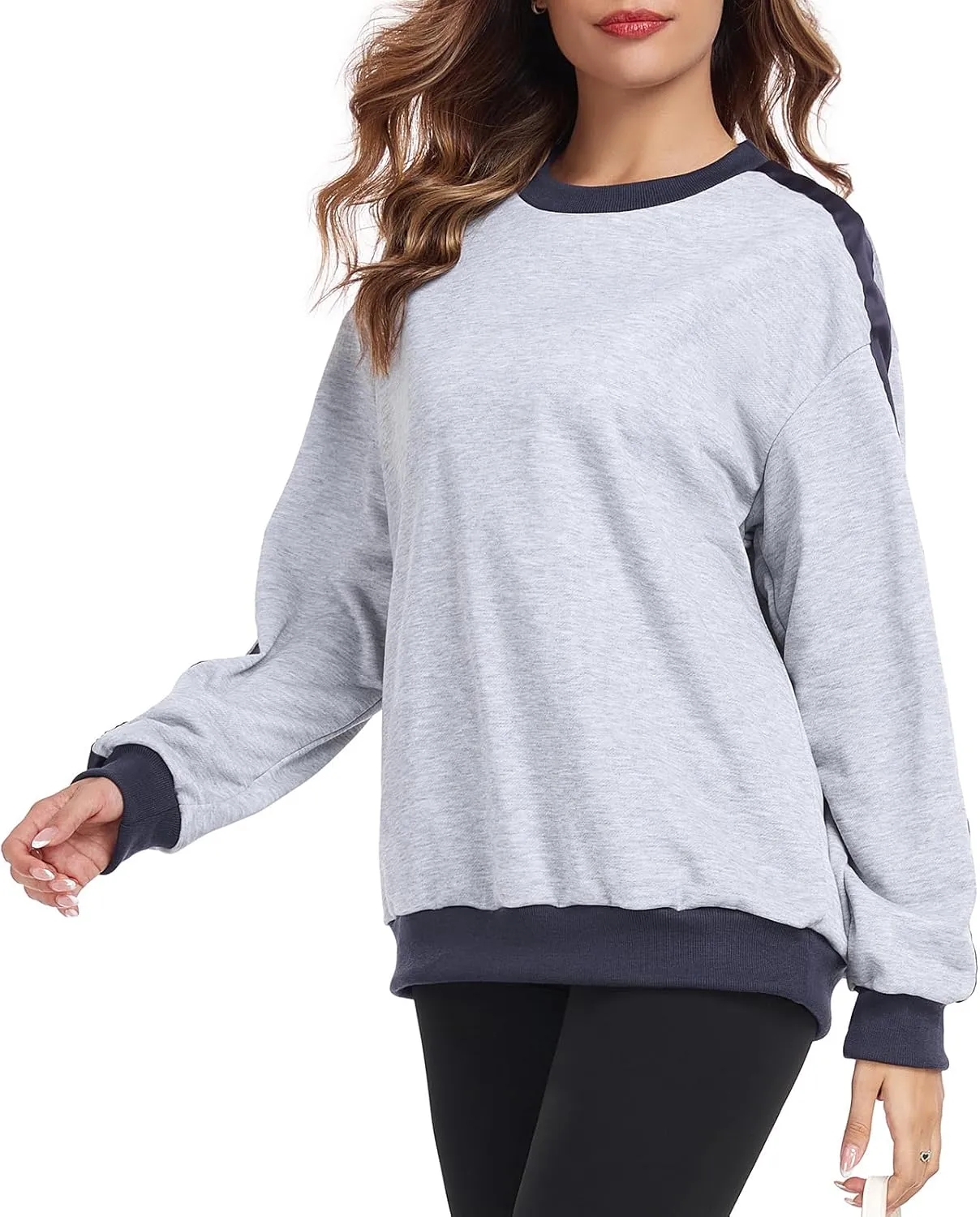 Womens Oversized Crewneck Sweatshirt Hoodies Long Sleeve Color Block Tops Lightweight Pullover Fall Clothes 2024