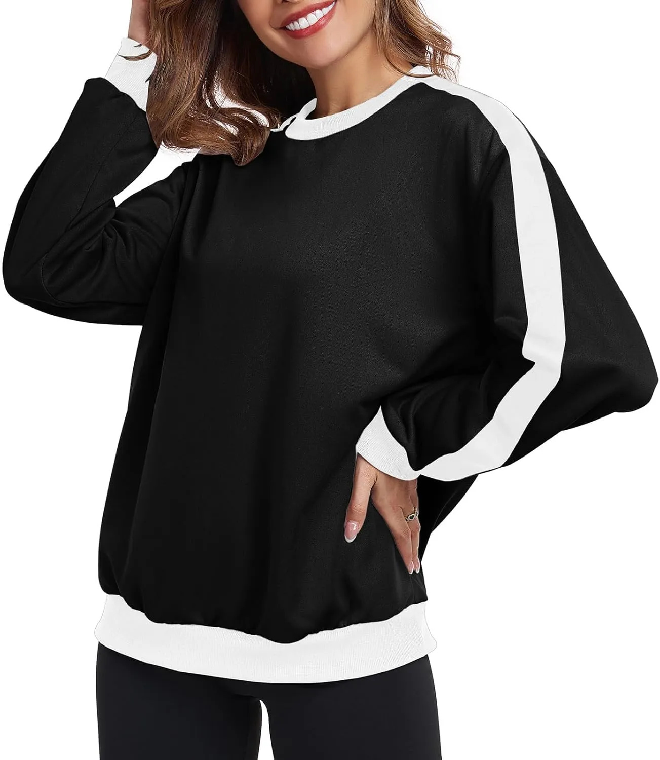 Womens Oversized Crewneck Sweatshirt Hoodies Long Sleeve Color Block Tops Lightweight Pullover Fall Clothes 2024