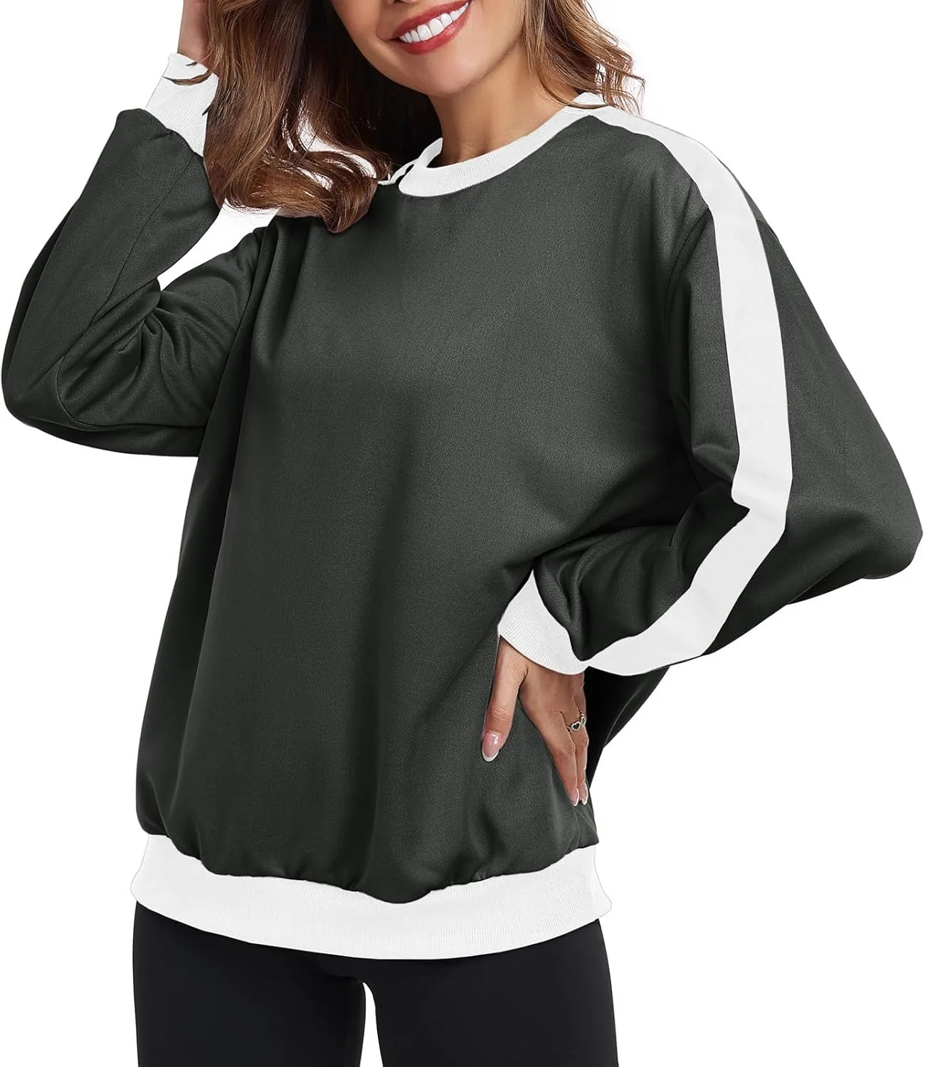 Womens Oversized Crewneck Sweatshirt Hoodies Long Sleeve Color Block Tops Lightweight Pullover Fall Clothes 2024