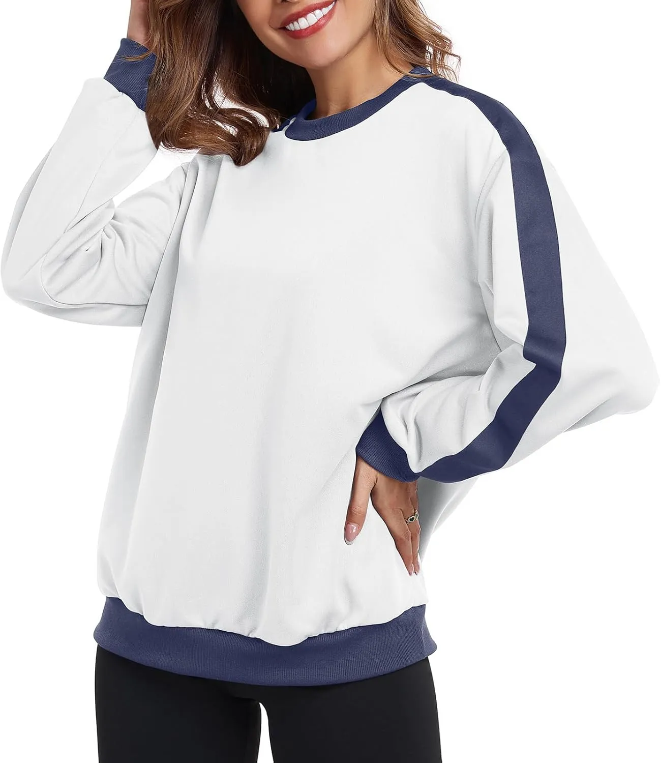Womens Oversized Crewneck Sweatshirt Hoodies Long Sleeve Color Block Tops Lightweight Pullover Fall Clothes 2024