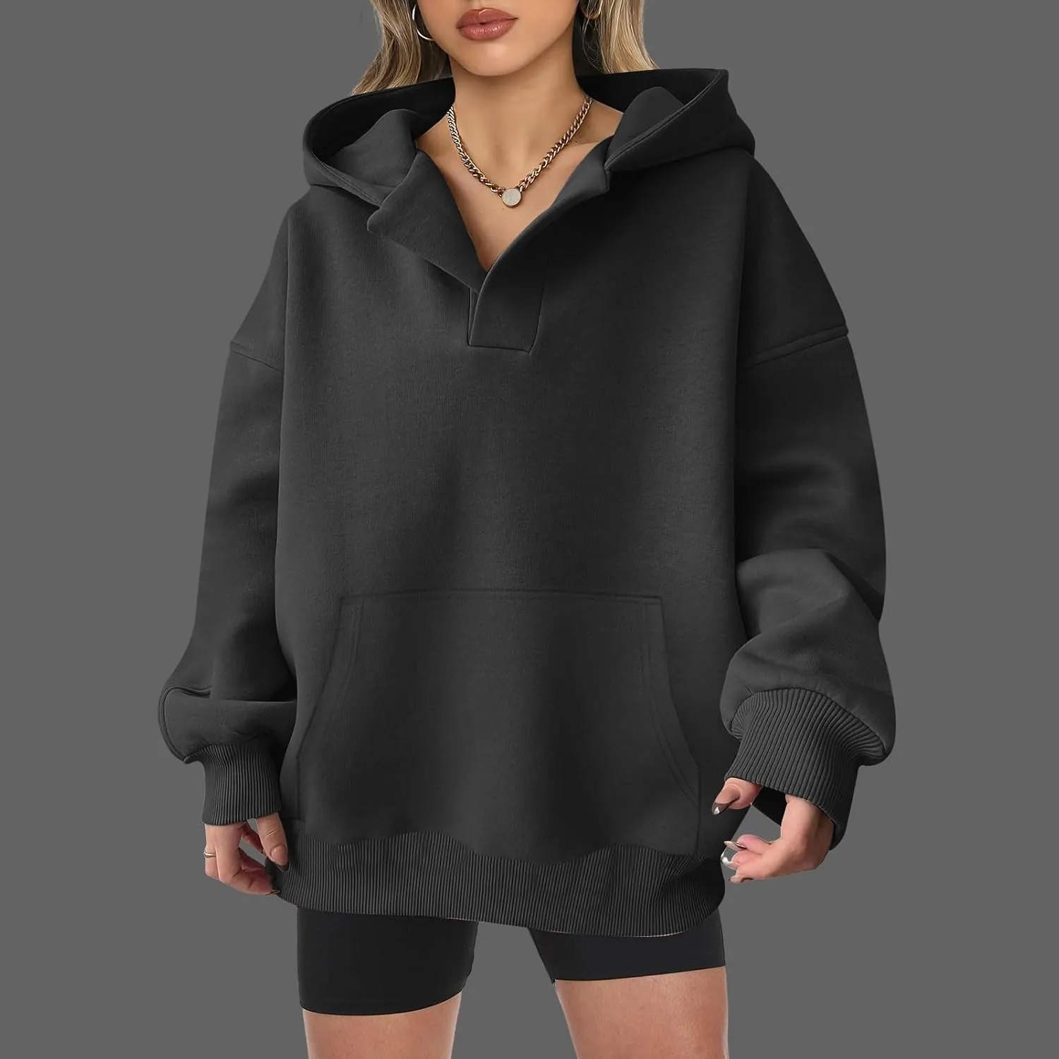 Womens Oversized Hoodies Casual V Neck Sweatshirts Long Sleeve Pullover for Teen Girls 2024 Fall Trendy Preppy Clothes