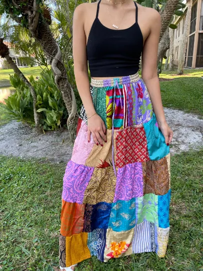 Womens Plum Adagio Summer Maxi Skirt, Patchwork Recycle Silk Sari Skirts S/M/L