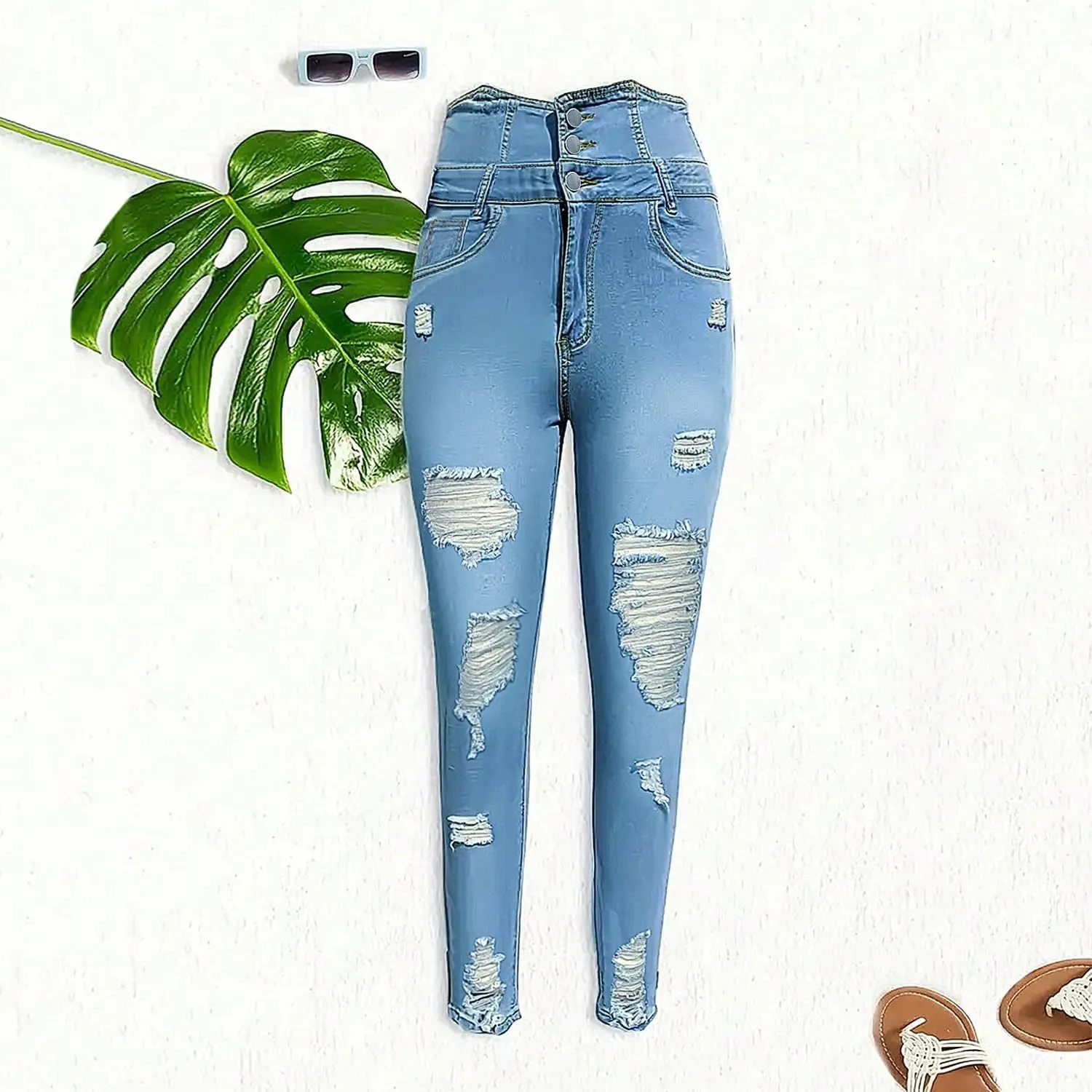 Women's Ripped Skinny Jeans Slim Fit Stretch High Waisted Butt Lift Tummy Control Distressed Denim Pants