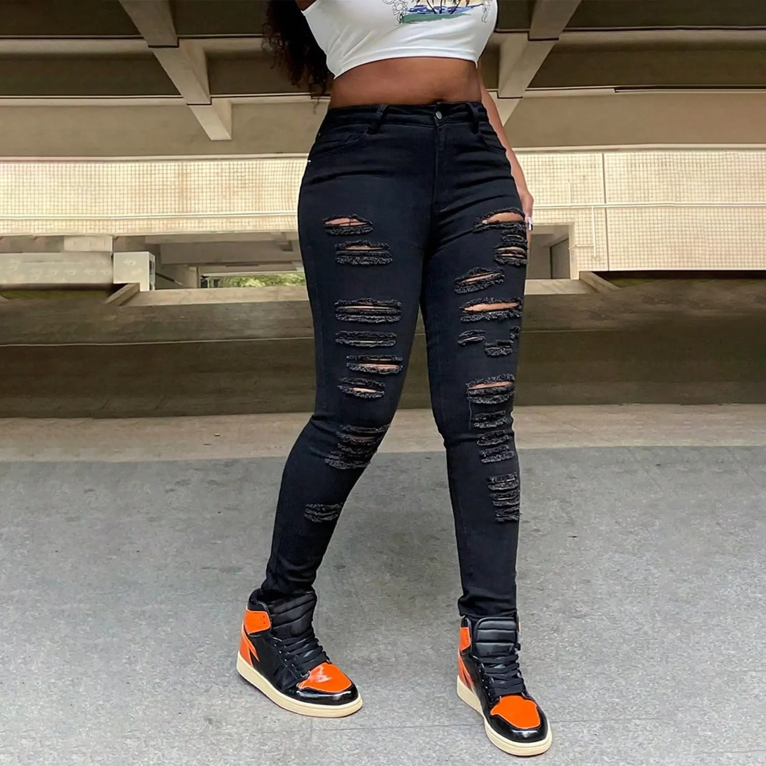 Women's Ripped Skinny Jeans Slim Fit Stretch High Waisted Butt Lift Tummy Control Distressed Denim Pants