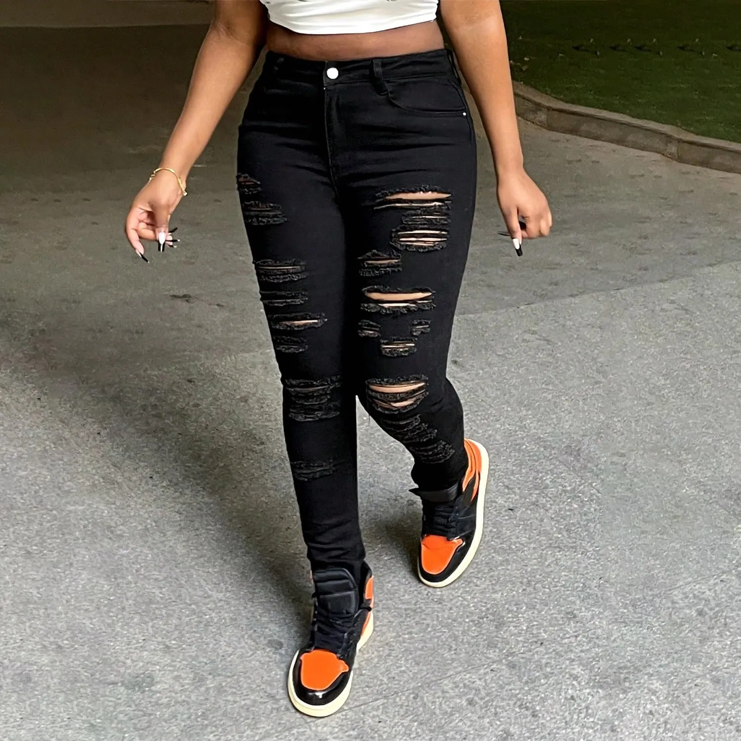 Women's Ripped Skinny Jeans Slim Fit Stretch High Waisted Butt Lift Tummy Control Distressed Denim Pants