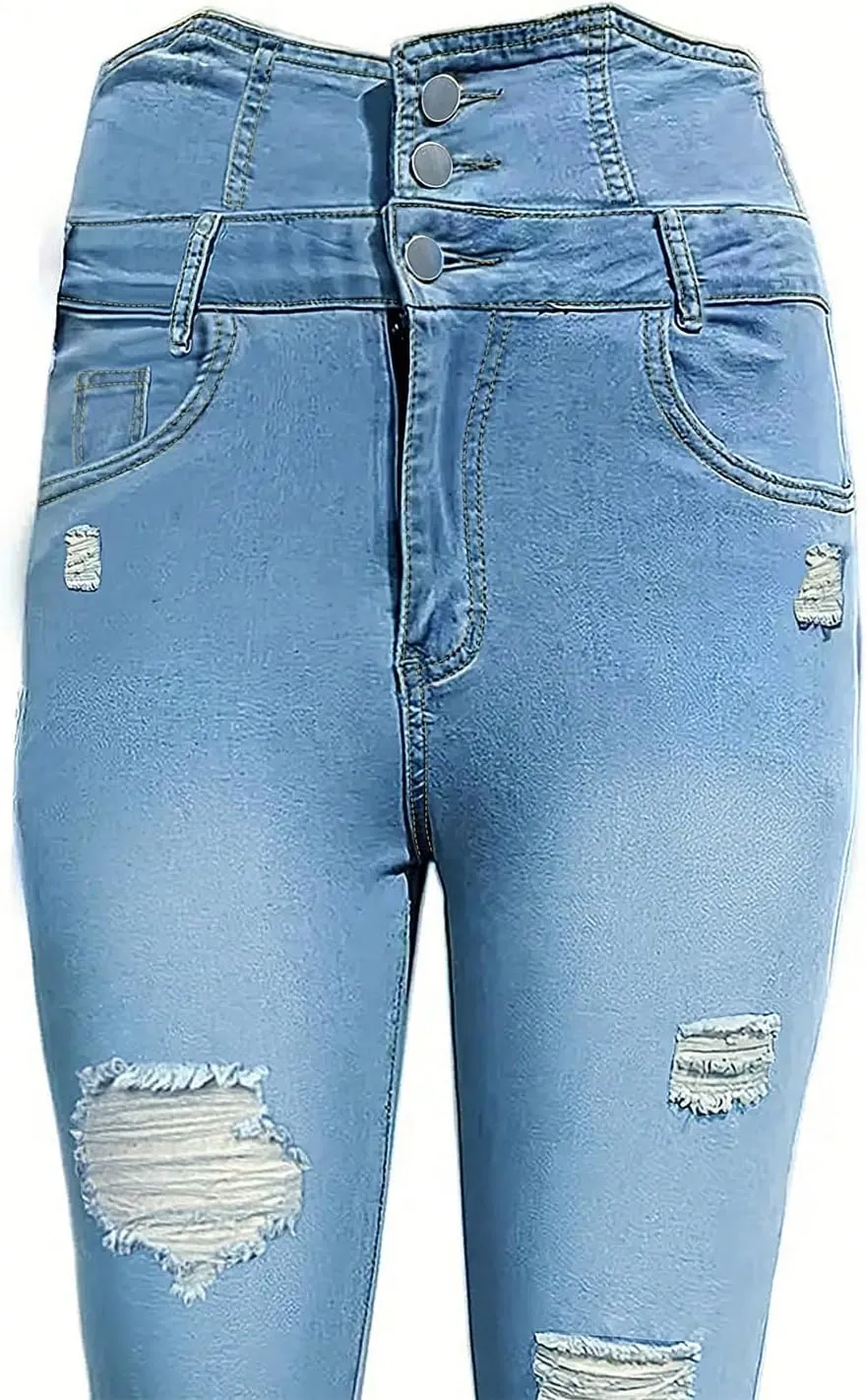 Women's Ripped Skinny Jeans Slim Fit Stretch High Waisted Butt Lift Tummy Control Distressed Denim Pants