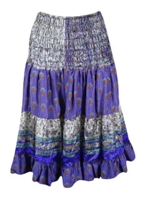 Womens Ruffle Ruched Skirt Purple Boho Recycle Silk Skirts S/M