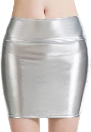 Women's Shiny Liquid Metallic Bodycon Pencil Mini Skirt High Waist Zipper PU Leather Skirt Slim Mini Pencil Skirt
