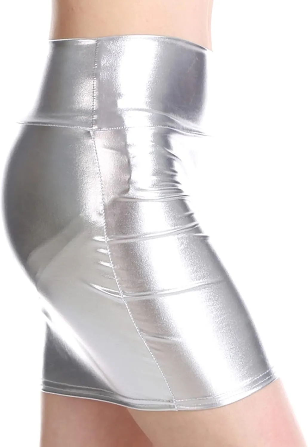 Women's Shiny Liquid Metallic Bodycon Pencil Mini Skirt High Waist Zipper PU Leather Skirt Slim Mini Pencil Skirt