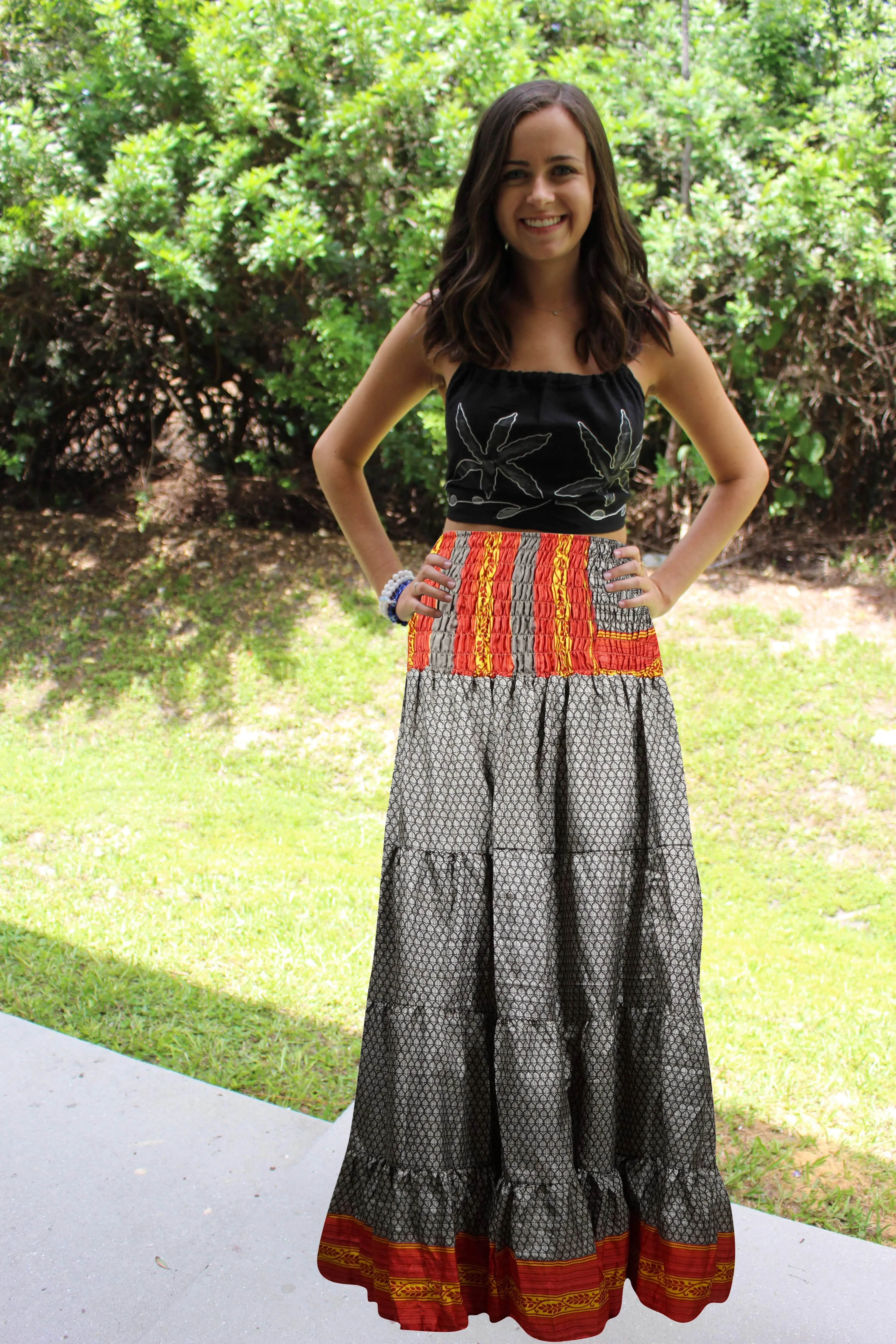 Women's Skirt Black Red Stylish Maxi Skirt Patchwork Boho Skirts S/M