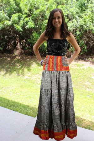Women's Skirt Black Red Stylish Maxi Skirt Patchwork Boho Skirts S/M