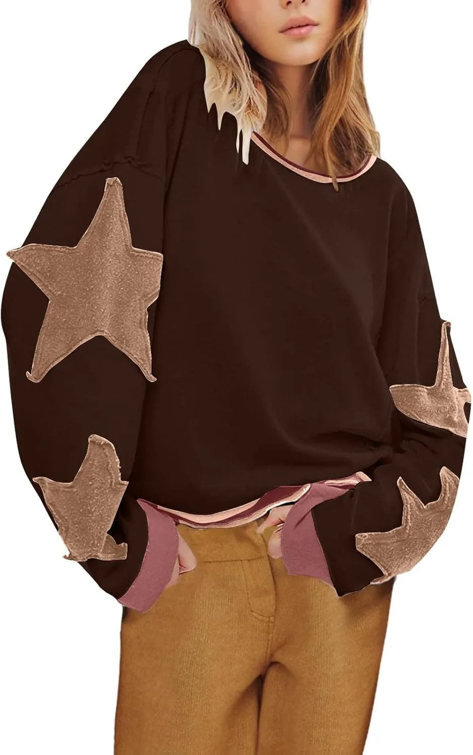 Womens Star Oversized Sweatshirt Crewneck Drop Shoulder Pullover Long Sleeve Shirts Tops Y2K Cute Trendy Clothes