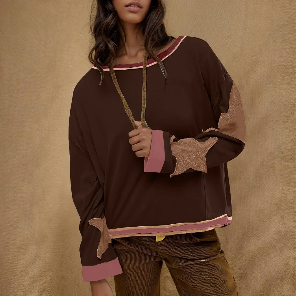 Womens Star Oversized Sweatshirt Crewneck Drop Shoulder Pullover Long Sleeve Shirts Tops Y2K Cute Trendy Clothes