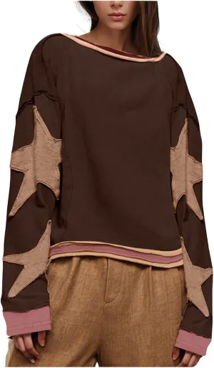 Womens Star Oversized Sweatshirt Crewneck Drop Shoulder Pullover Long Sleeve Shirts Tops Y2K Cute Trendy Clothes