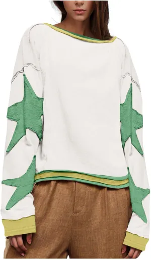 Womens Star Oversized Sweatshirt Crewneck Drop Shoulder Pullover Long Sleeve Shirts Tops Y2K Cute Trendy Clothes