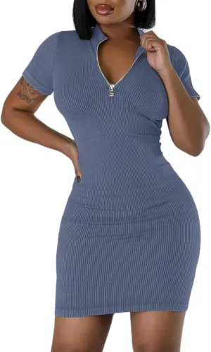 Women's Summer Ribbed Bodycon Dress Mock Neck Slim Fit Short Sleeve Mini Dresses