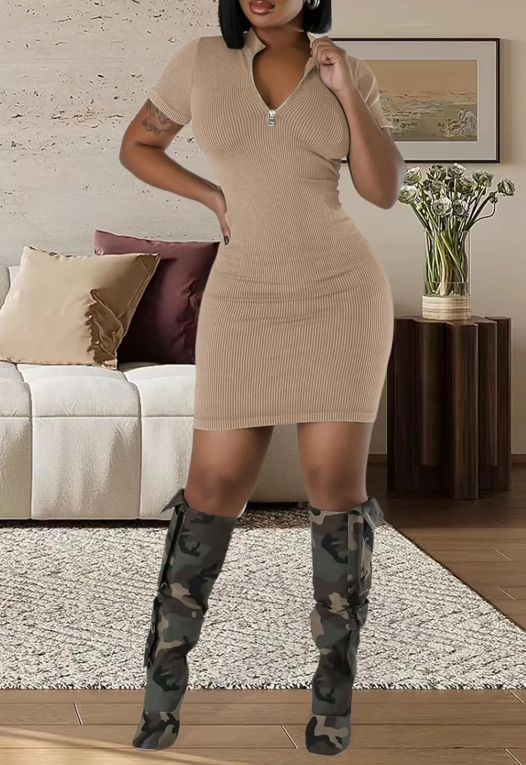 Women's Summer Ribbed Bodycon Dress Mock Neck Slim Fit Short Sleeve Mini Dresses